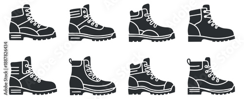 A collection of six hiking boots in black and white minimalist vector style, perfect for outdoor adventure branding and design