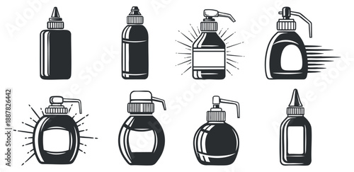 A collection of various condiment bottles in black and white outline vector style, suitable for restaurant branding and food packaging