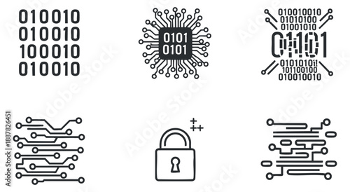 A collection of binary code, circuit designs, and padlock icons in clean modern vector style, ideal for tech and cybersecurity projects