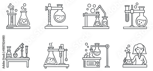 A set of laboratory science icons featuring flasks, beakers, test tubes, and a scientist in minimalist outline vector style, perfect for educational materials and science-related projects
