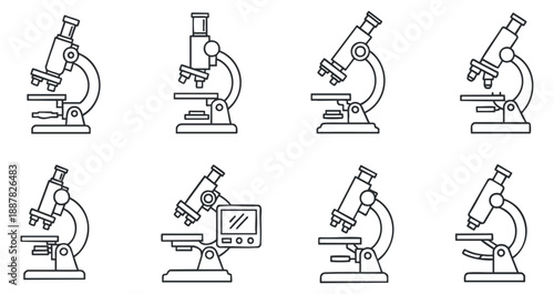 A set of eight outlined microscope icons in minimalist vector style, suitable for scientific and educational projects