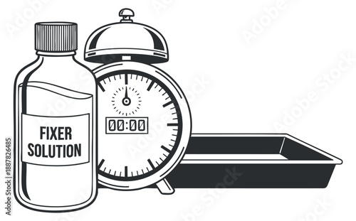A fixer solution bottle and a timer clock in black and white vector style, ideal for photography darkroom projects