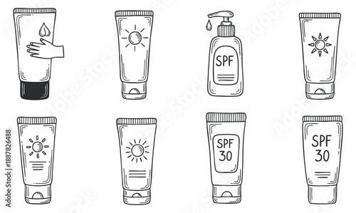 A collection of sunscreen tubes and bottles in black and white outline vector style, ideal for skincare branding and health-related designs
