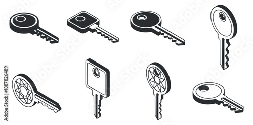 A collection of various key designs in flat black and white vector style, suitable for security and access-related projects