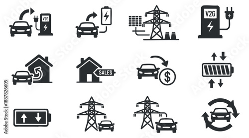 A collection of electric vehicle charging icons including homes, batteries, and power lines in modern black vector style, ideal for technology and sustainability projects