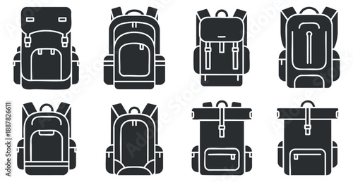 A collection of various backpack designs in black and white vector style, ideal for outdoor gear and fashion branding