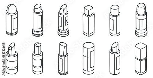 A collection of various lipstick and lip balm tubes in clean outline vector style, perfect for beauty and cosmetics branding