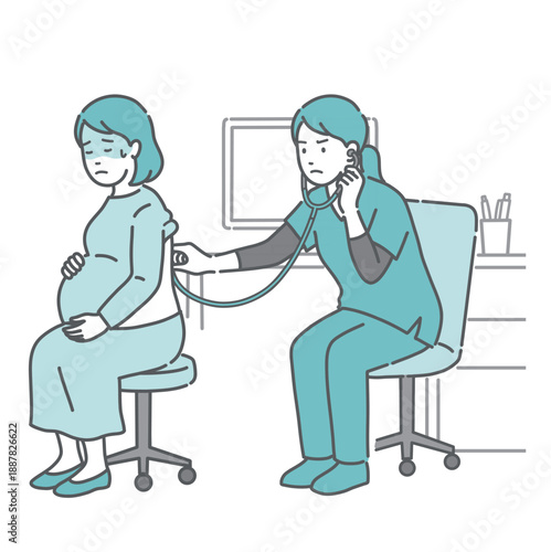 背中の聴診を受ける冷や汗をかいた妊婦と深刻な表情のスクラブ姿の女性医療従事者のイラスト