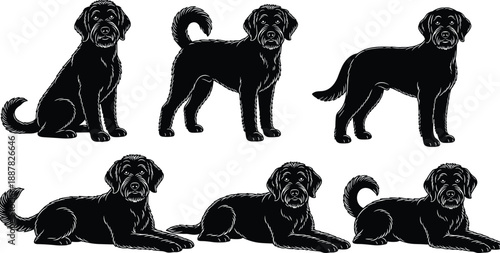 dog, silhouette, posture, gesture, sitting, standing, lying, tail, black, white, icon, illustration, vector, design, symbol, pet, animal, motion, behavior, pose