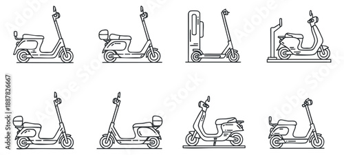 A collection of electric scooters in minimalist outline vector style, suitable for urban mobility and transportation themes