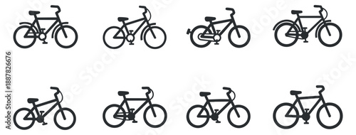 A set of bicycle icons in flat black and white minimalist vector style, suitable for outdoor and transportation themes