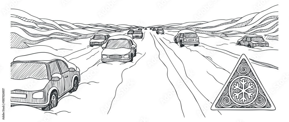 Obraz premium A winter road scene with cars driving through snow and ice in minimalist black and white line art style, ideal for travel safety illustrations