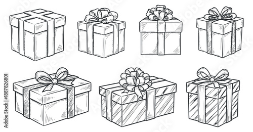 A collection of eight hand-drawn gift boxes with ribbons and bows in black and white outline vector style, ideal for festive designs and holiday themes