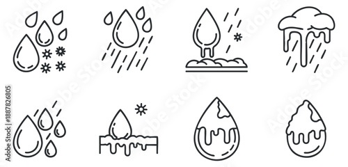 A collection of water droplets, rain icons, and weather elements in simple outline vector style, suitable for weather-related designs
