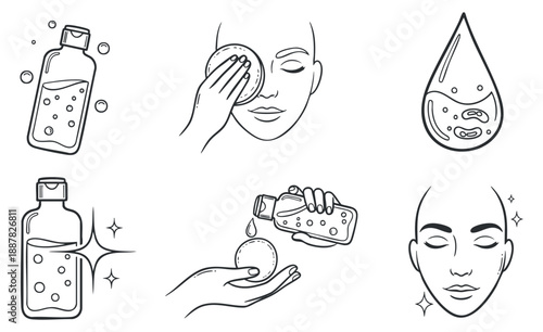 A collection of skincare illustrations featuring bottles, facial treatments, and drops in minimalist line art vector style, ideal for beauty and wellness branding