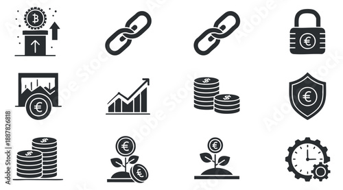A collection of financial and investment icons including cryptocurrency, growth charts, and security symbols in black and white vector style, suitable for finance and business projects