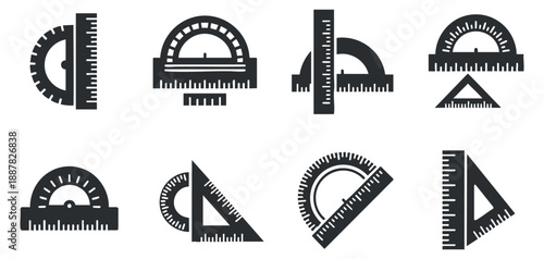 A set of black and white vector icons featuring various rulers and protractors, ideal for educational and design materials