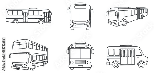 A collection of various bus illustrations including a city bus, double-decker, and minibus in clean outline vector style, ideal for transportation design projects