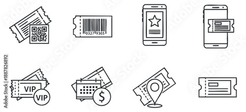 A collection of various ticket illustrations including QR codes, barcodes, and mobile tickets in outline vector style, suitable for event management and digital applications