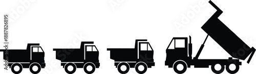 dump, truck, silhouette, vehicle, progression, posture, gesture, black, white, icon, illustration, vector, design, symbol, construction, transport, load, motion, industrial, equipment