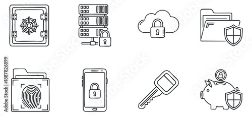 A collection of icons representing data security concepts in minimalist outline vector style, suitable for tech and cybersecurity projects