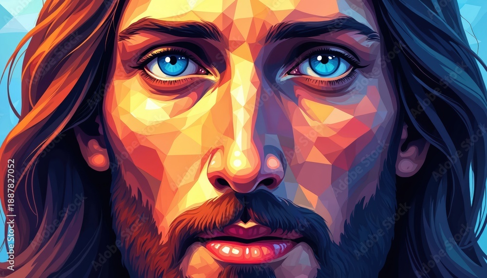 Naklejka premium Jesus Christ face in abstract mosaic style. Vibrant colors show Christian faith spirituality. Modern religious art design for church and events. Iconic spiritual portrait illustration.