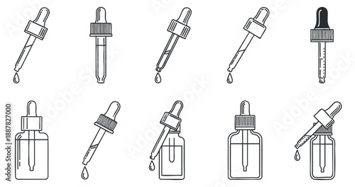 A collection of various droppers and pipettes in outline minimalist vector style, suitable for medical and cosmetic design projects
