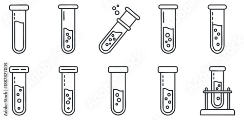A collection of test tube icons in black and white outline vector style, suitable for scientific illustrations and educational materials
