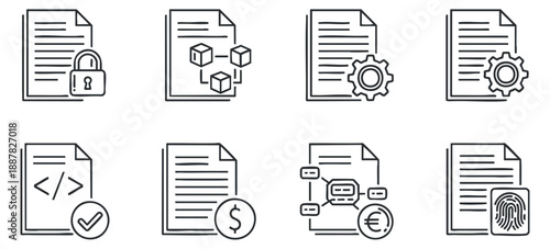 A set of eight document icons featuring security, blockchain, settings, and communication in minimalist outline vector style, suitable for technology and business applications