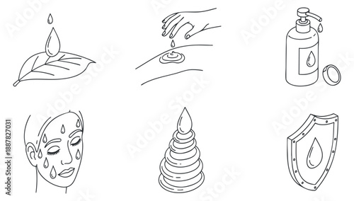 A collection of beauty and wellness icons including a water drop, leaf, facial treatment, and skincare bottle in minimalist line art style, suitable for wellness and skincare branding