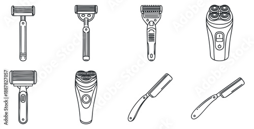 A collection of grooming tools including razors and shavers in black and white outline vector style, perfect for beauty and personal care branding