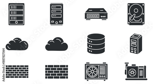 A set of data storage and server icons in black and white minimalist vector style, suitable for technology and IT projects