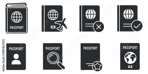 A set of passport icons featuring various styles and symbols in black and white vector design, ideal for travel and security applications