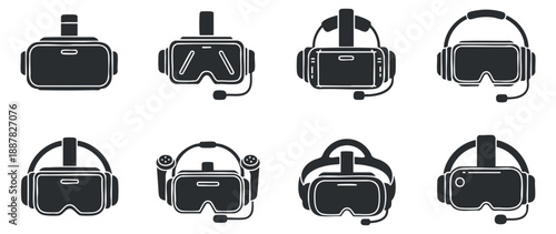A collection of various virtual reality headsets and goggles in modern flat black and white vector style, suitable for tech and gaming projects