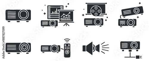 A collection of projector icons in black and white flat vector style, suitable for technology and business presentations