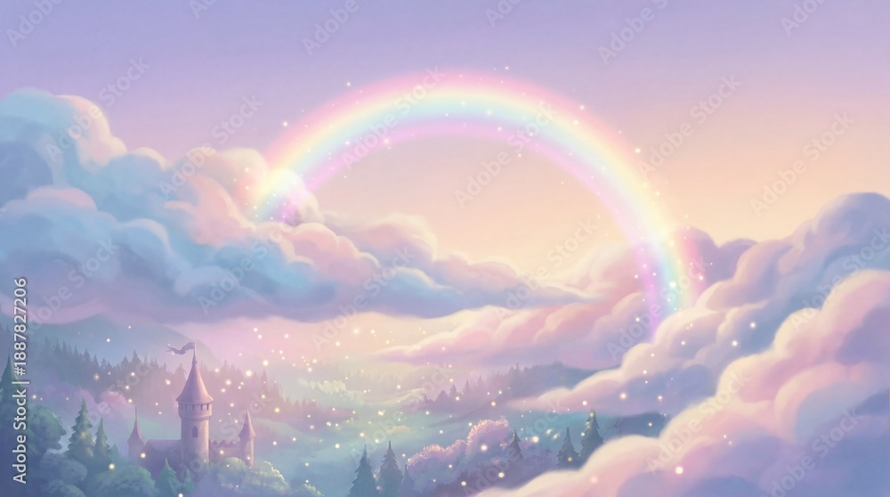 Fototapeta premium A serene rainbow arching over a mystical castle surrounded by fluffy clouds and lush trees in a dreamy landscape from a distant viewpoint