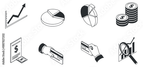 A set of financial icons featuring growth charts, pie charts, dollar bills, and payment methods in black and white vector style, ideal for business presentations and financial reports