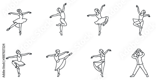 A collection of eight ballet dancer illustrations in minimalist line art style, perfect for dance-related projects and branding