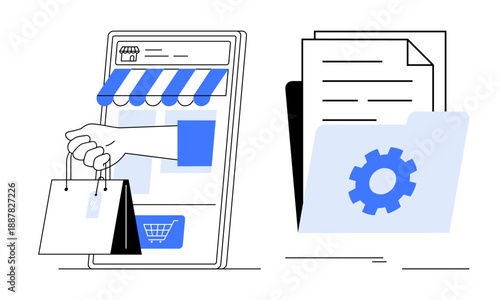 Smartphone with shopping cart and hand holding bags beside organized digital files with gear icon. Ideal for e-commerce, digital transformation, cloud storage, business operations, technology