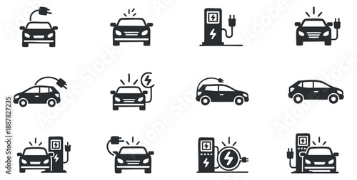 A collection of electric vehicle icons depicting charging cars and stations in modern black and white vector style, ideal for eco-friendly transportation projects