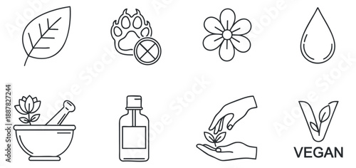 A collection of wellness and vegan-themed icons in minimalist outline vector style, ideal for health and beauty branding