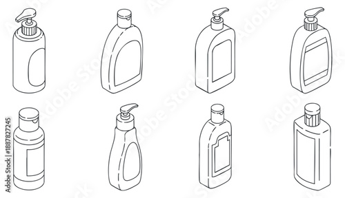 A collection of various bottle shapes for liquid products in outline vector style, suitable for packaging design and branding