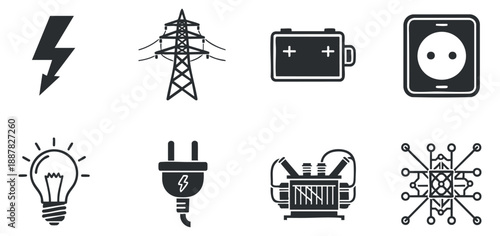 A collection of electrical icons including a lightning bolt, power lines, battery, and light bulb in modern flat vector style, suitable for technology and energy-related projects