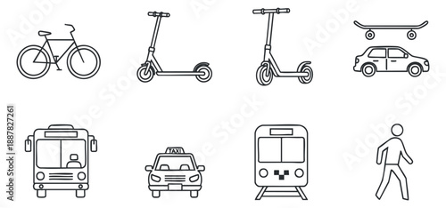 A set of transportation icons including a bicycle, scooter, skateboard, car, bus, taxi, train, and pedestrian in minimalist outline vector style, ideal for urban mobility projects