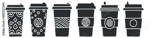 A set of stylish takeaway coffee cups in black and white minimalist vector style, perfect for cafe branding and packaging