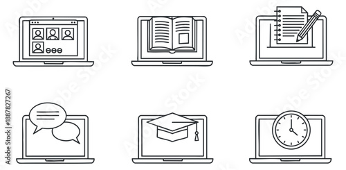 A set of six laptop icons depicting online education themes in minimalist black and white vector style, perfect for e-learning platforms and educational materials