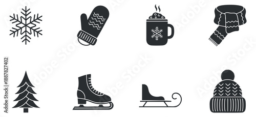 A collection of winter-themed icons including snowflakes, mittens, hot drinks, and ice skates in black and white minimalist vector style, ideal for seasonal designs and holiday projects