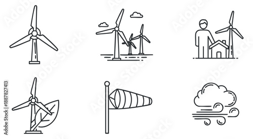 A set of wind energy icons featuring wind turbines, a weather vane, and a person with a house in minimalist outline vector style, suitable for environmental projects and renewable energy branding