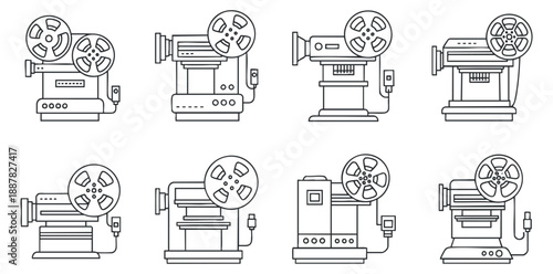 A collection of eight vintage film projectors in outline vector style, suitable for film industry branding and creative projects