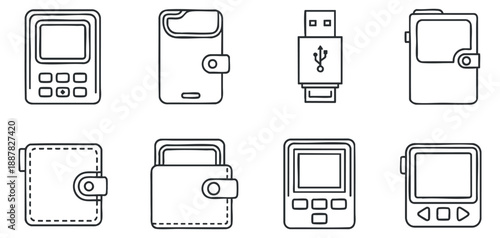 A collection of digital devices icons in black and white outline vector style, perfect for technology-related projects